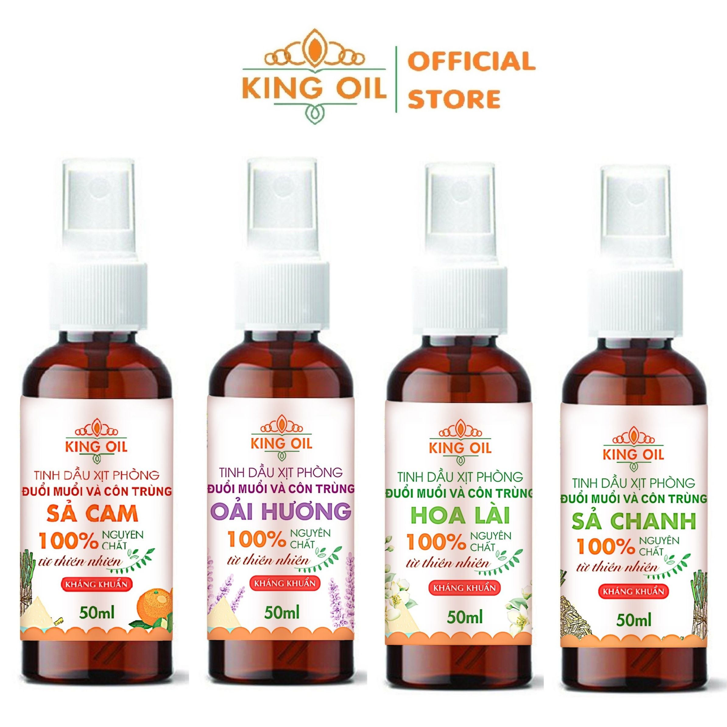 Bình xịt phòng 50ml tinh dầu thiên nhiên Sả Chanh/ Bạc hà/ Cam/ Oải hương/ Bưởi/ Quế/ hoa Lài/ hoa Hồng, thơm phòng, thư giản, đuổi muỗi, khử khuẩn