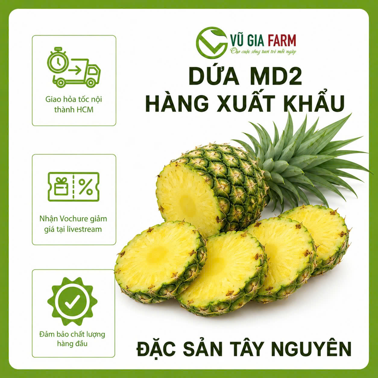 [HCM] Dứa MD2 CAO CẤP ĐẮK LẮK - Dứa Xuất Khẩu Ngọt Giòn Thơm Tươi Nguyên Trái