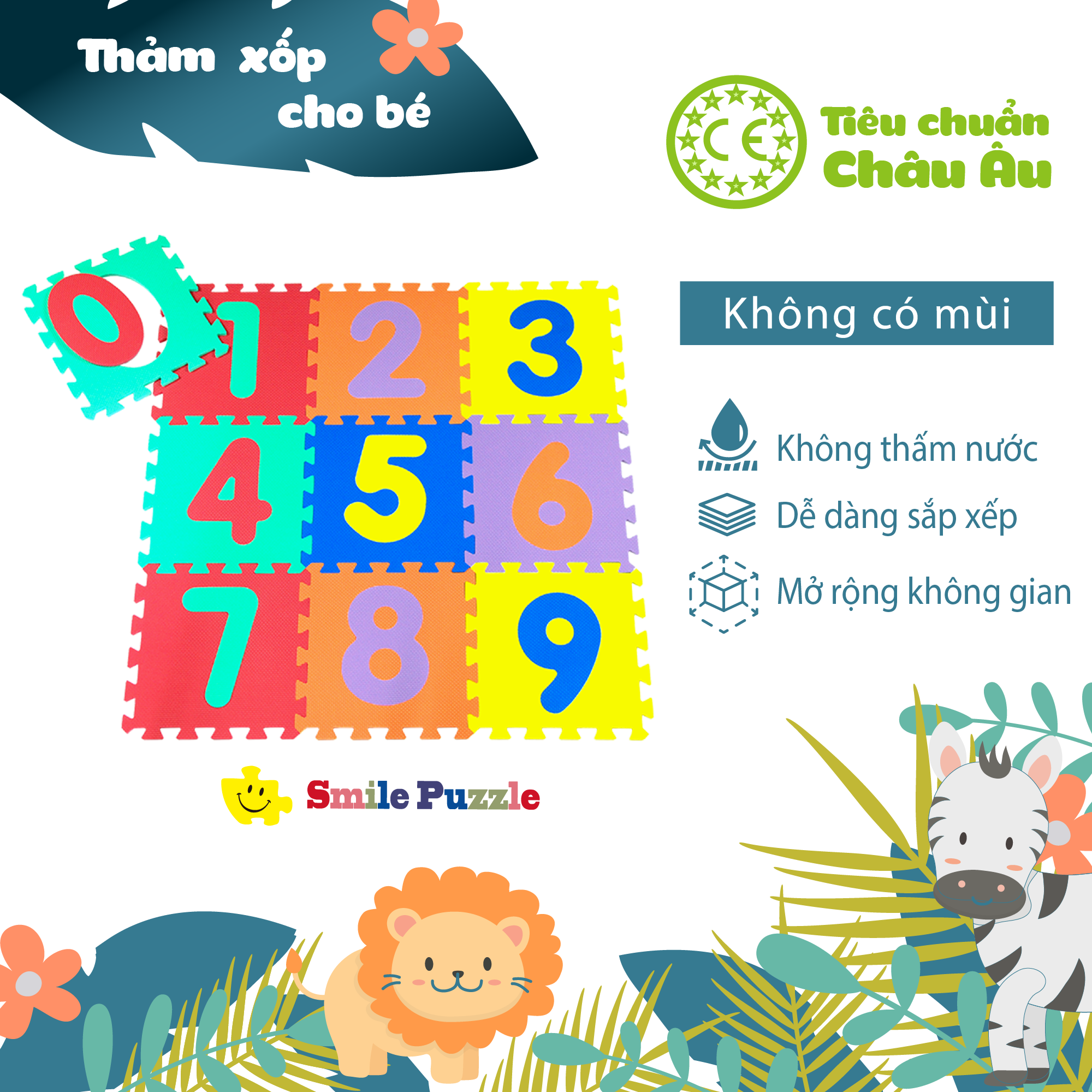 Thảm xốp cho bé - chữ số (10 miếng, tổng kích thước 0.6mx1.5m) Smile Puzzle - KHÔNG MÙI CHUẨN CHÂU ÂU
