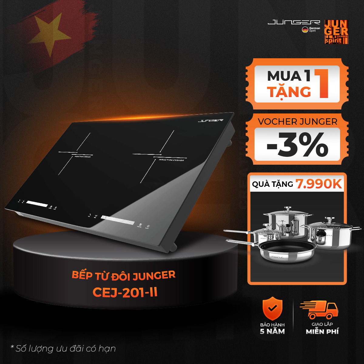 Bếp từ đôi junger cej-201-ii 4000w 8 mức nhiệt độ bảo hành 36 tháng