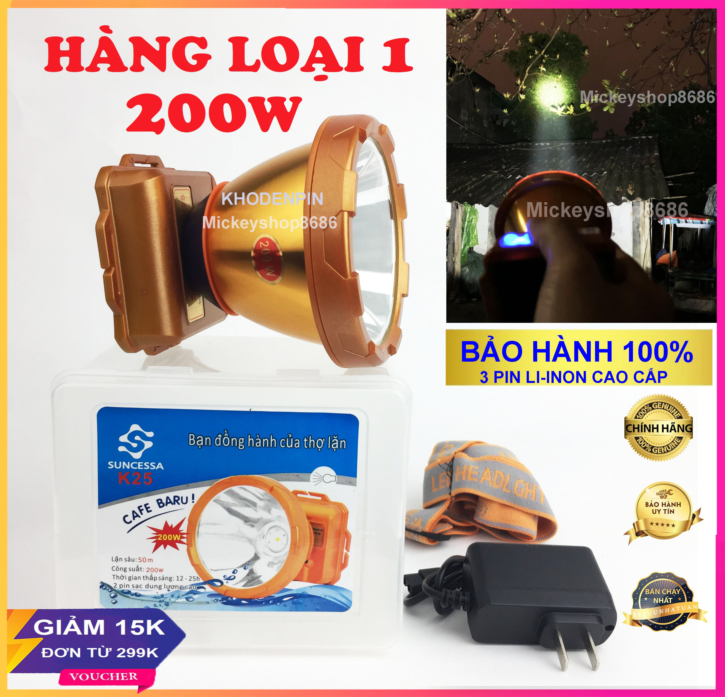 Đèn Pin Đội Đầu SUNCESSA K25 200W kín nước đèn đeo đầu đi rừng soi ếch dã ngoại tiện lợi (HÀNG CHUẨN)