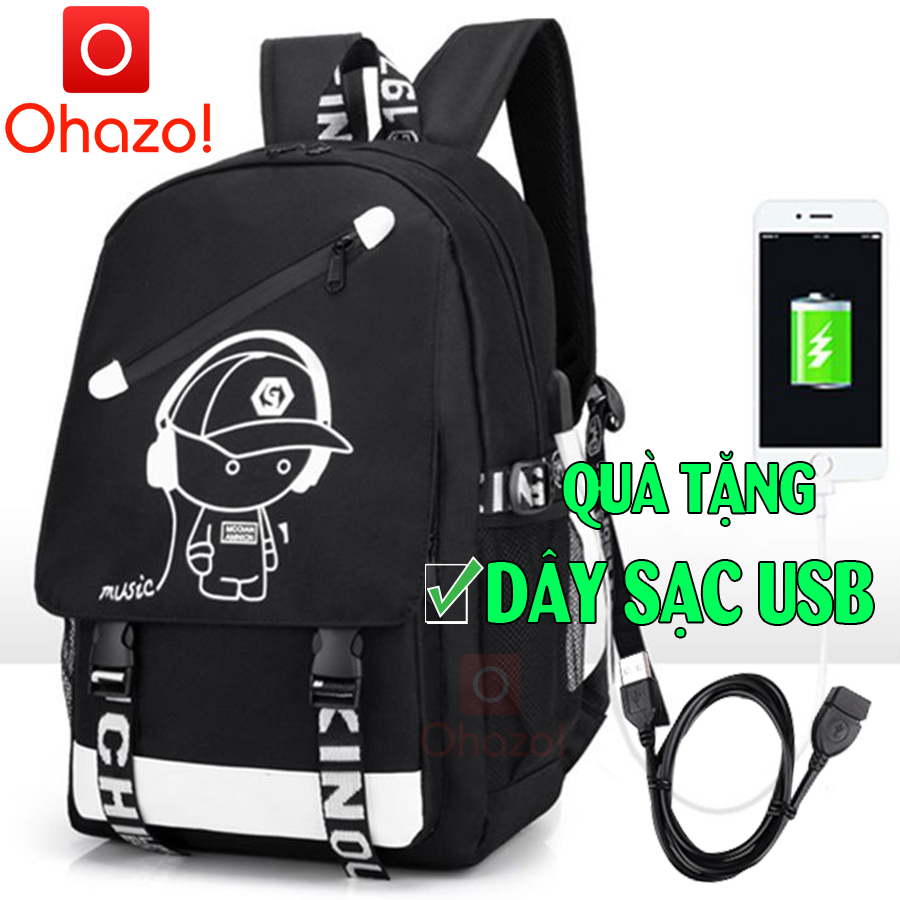Balo thời trang đi học nam nữ phát sáng dạ quang Ohazo! cao cấp hình Boy Music cá tính phong cách + Có cổng sạc USB tiện lợi sạc điện thoại - Chất liệu bền bỉ - Tặng cáp sạc USB siêu xịn- Mẫu HOT nhất năm nay