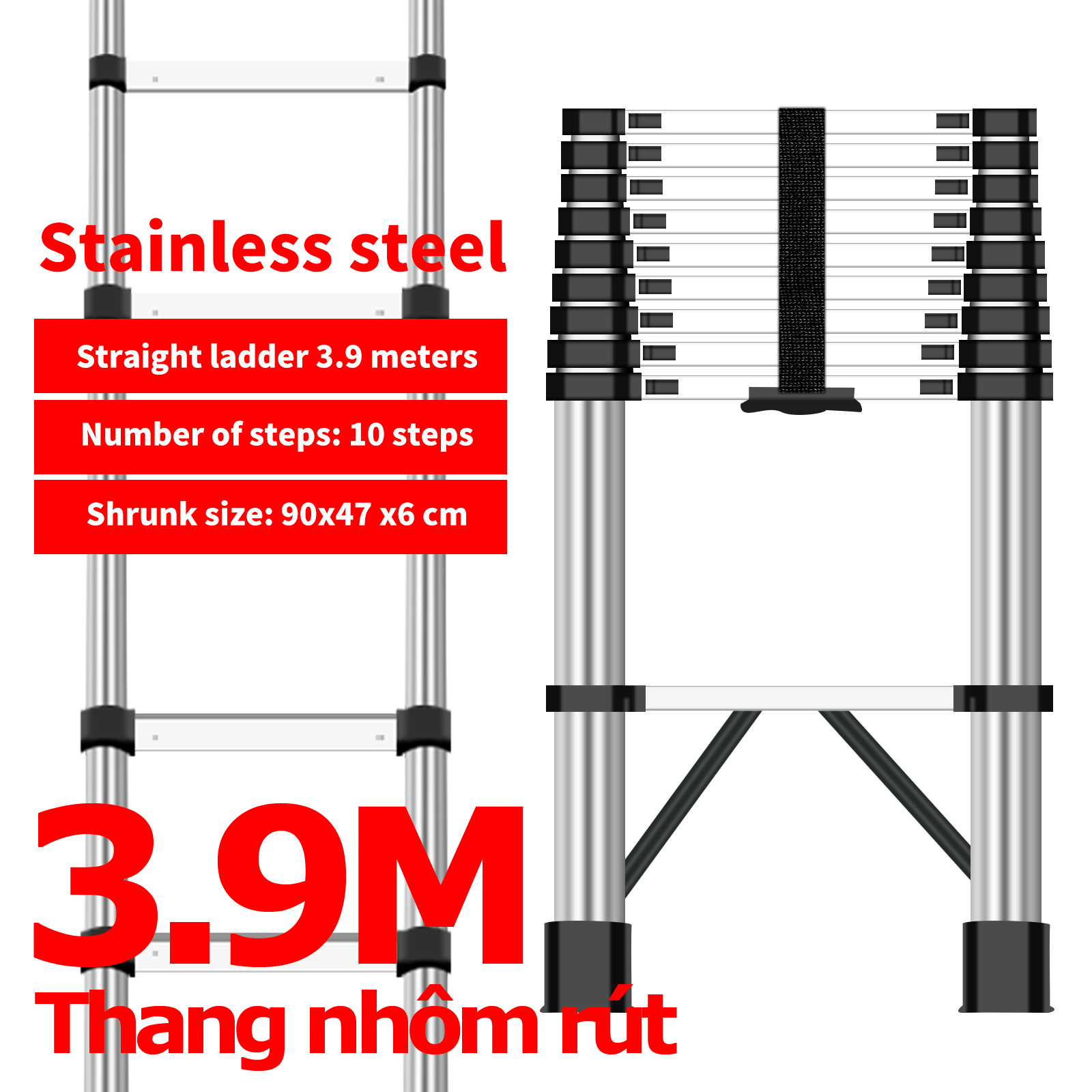 Thang nhôm rút, Thang Nhôm Gấp Gọn Rút Đơn Chịu Lực Lớn 3.9m Ống Thang Dày Dặn Chắc Chắn, Ống Thang Nhôm Liền Khối