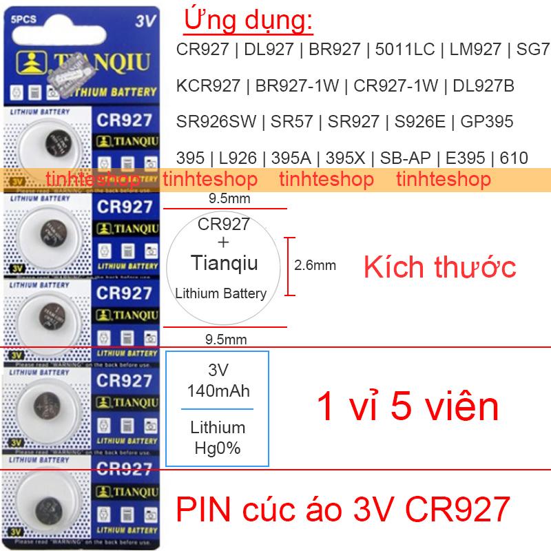 Pin cúc áo 3V-140mAh CR927  DL927  BR927  LM927  KCR927  BR927-1W  CR927-1W  DL927B  SR927  5011LC  SR926SW  SR57  GP395  S926E  395A  395X  L926  SB-AP  E395  610 Tianqiu (1 vỉ 5 viên)