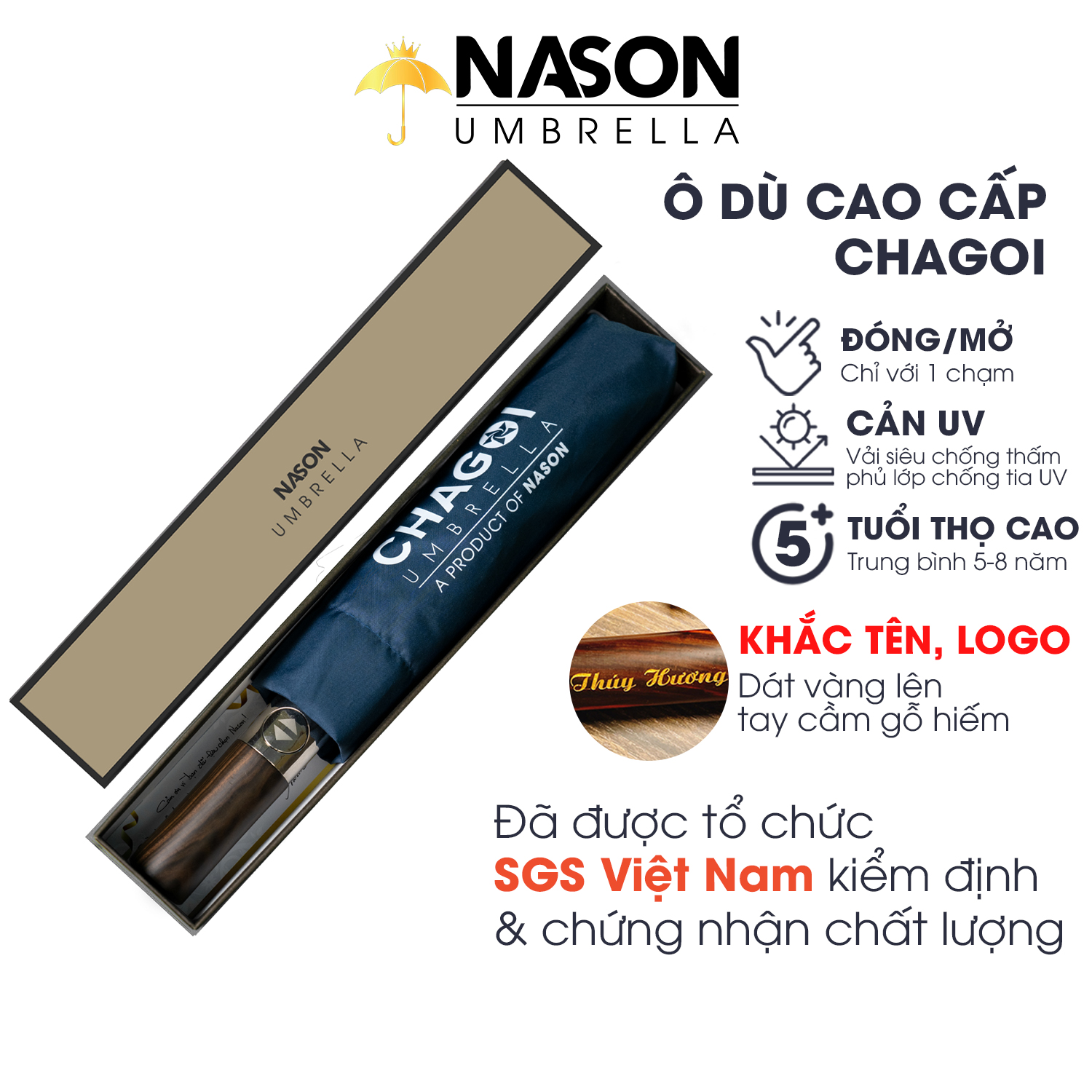 Dù tự động gấp gọn Nason Umbrella Chagoi cán gỗ hiếm, khắc tên, logo dát vàng, dù gấp gọn che nắng c