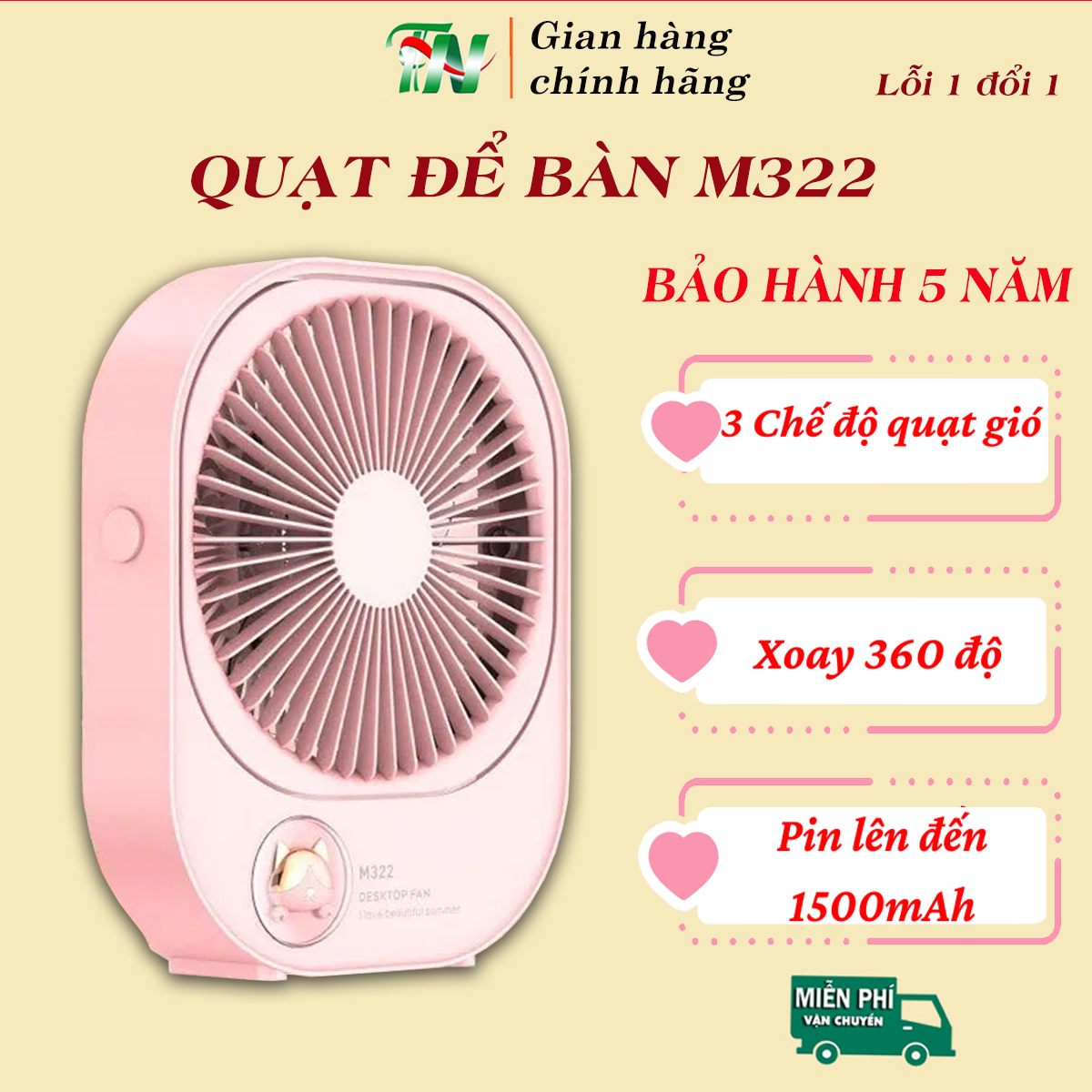 Quạt tích điện mini để bàn cute 3 cấp độ gió, pin trâu, chạy cực êm