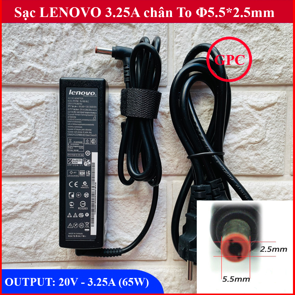 Sạc laptop lenovo 20v - 3.25a / 19v - 3.42a - 65w chân to đường kính đầu sạc 5.5mm ký hiệu đầu sạc φ5.5*2.5mm thay cho lenovo g480 g470 g460