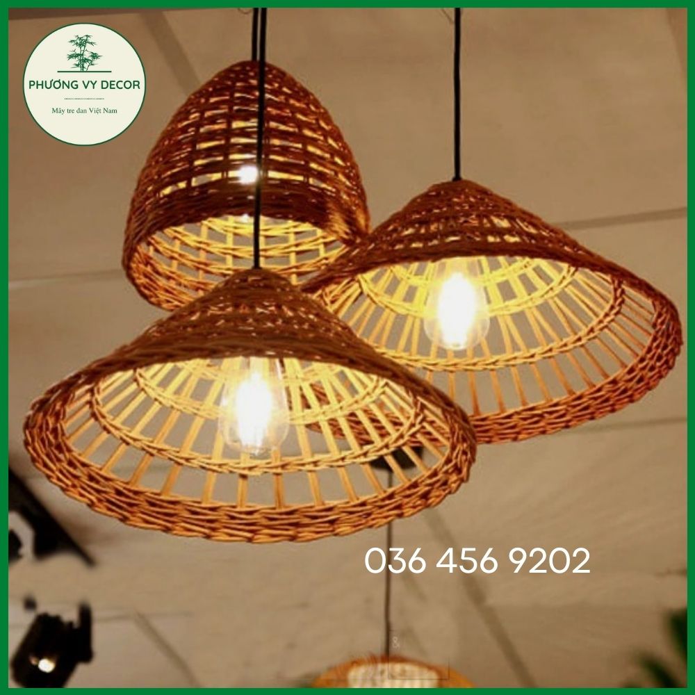 Chao đèn thả trần hình nón mây đan thưa trang trí quán ăn, quán cafe nghệ thuật phương Vy Decor