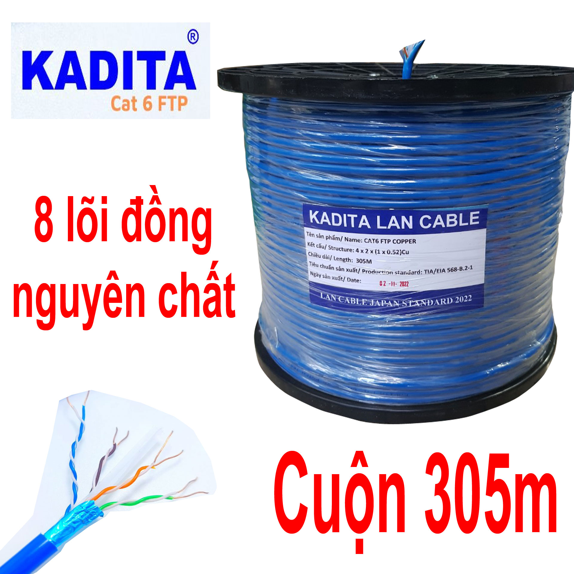 Cuộn 305m Dây mạng Kadita cat6 chuẩn FTP chống nhiễu, lõi đồng nguyên chất