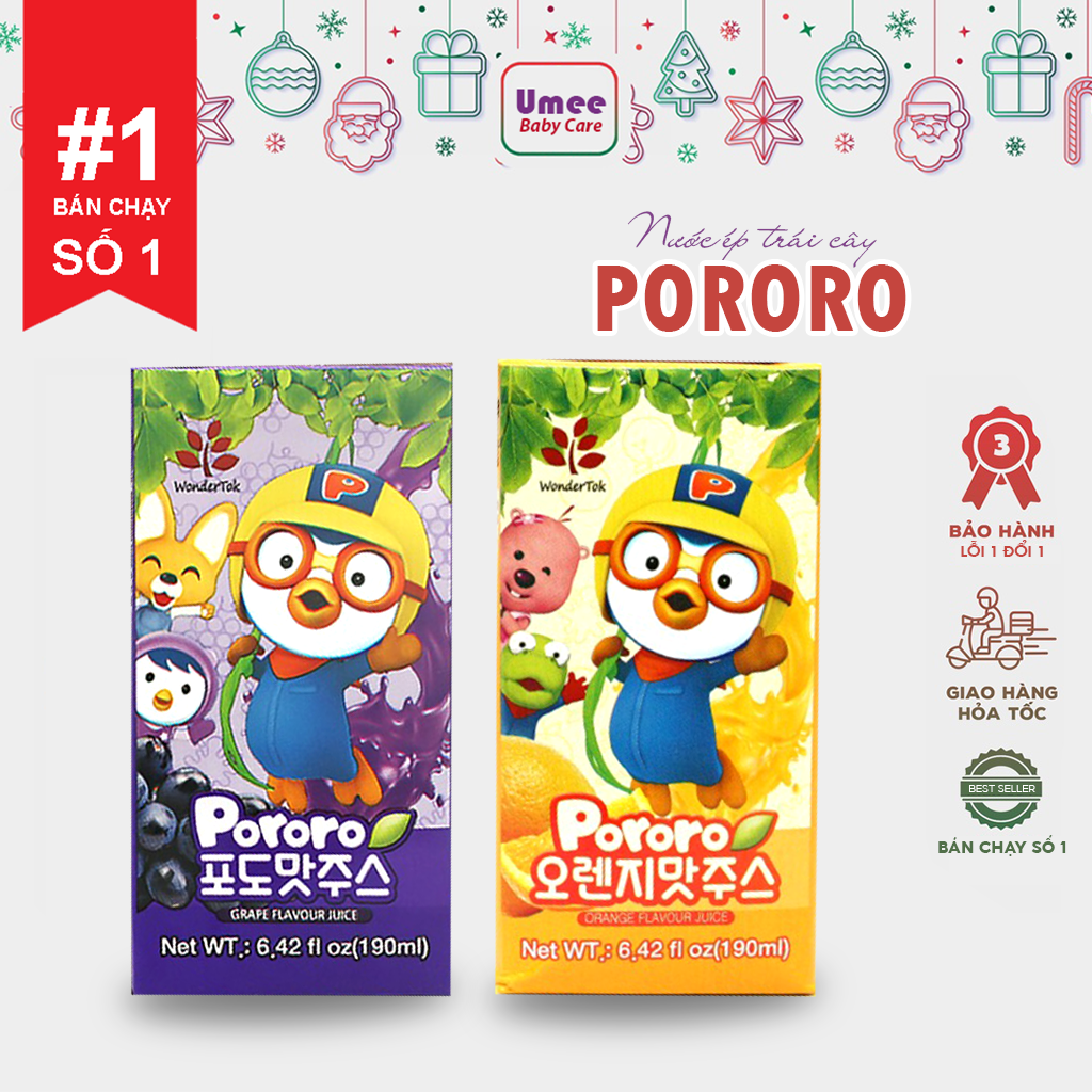 Nước ép trái cây Pororo Wondertok nội địa Hàn Quốc, nước ép hoa quả vị nho, cam hộp 190ml