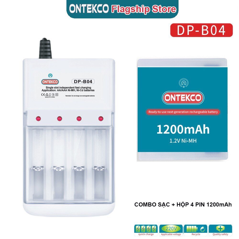 Combo ONTEKCO đế sạc 4 cổng kèm hộp 4 pin AA 1200mAh dùng cho micro chạy pin tiểu
