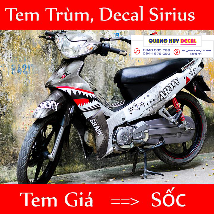 Tem trùm sirius cá mập xám xi măng ARMY - Độ tem xe sirius thiết kế theo yêu cầu - Chế tem trùm xe sirius rẻ đẹp