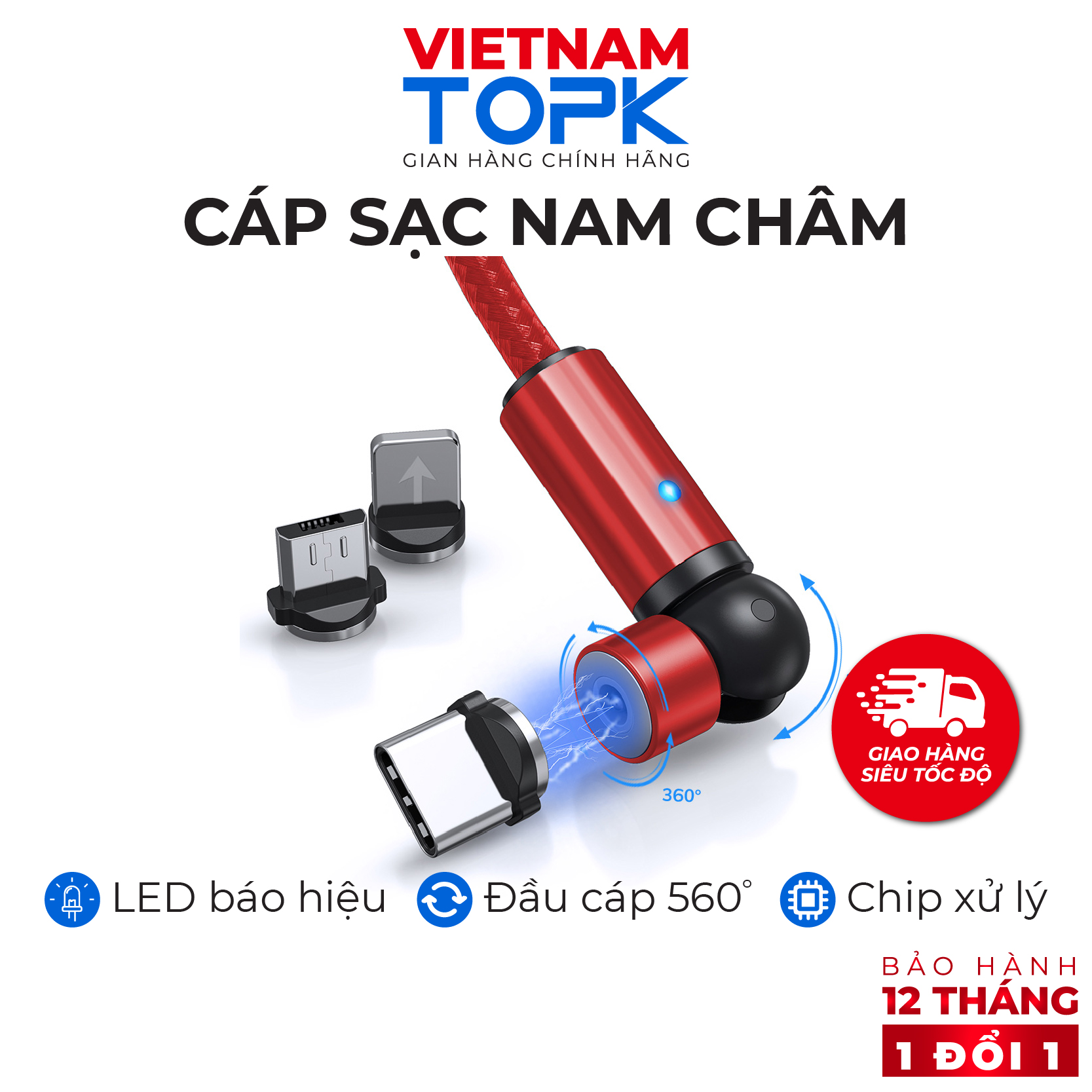Dây sạc nam châm iPhone/ Type-C/ Micro USB TOPK AM68 - Sạc nhanh 3A - Dây dù - dài 1m - Hàng phân phối chính hãng - Bảo hành 12 tháng