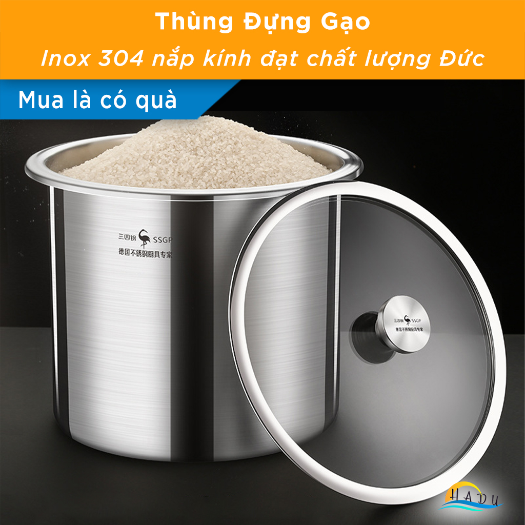 Thùng đựng gạo 10kg thông minh inox 304 nắp kính cao cấp đạt chất lượng đức ssgp