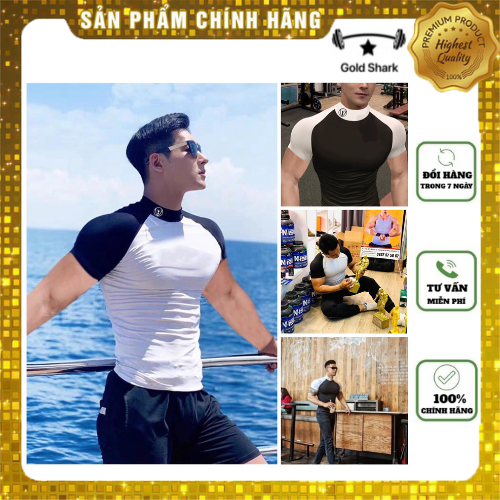 Áo tập gym nam phối màu,logo cá tính, ôm body [Gold Shark] - Hàng Siêu Cấp