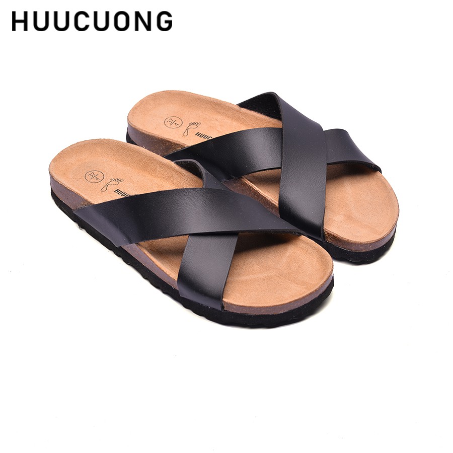 Dép unisex HuuCuong quai chéo đen đế trấu handmade