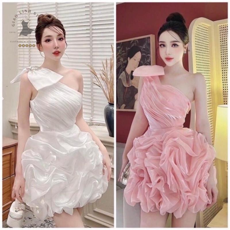 Đầm lệch vai có nơ bên phải xòe phồng 3 màu hồng trắng đen