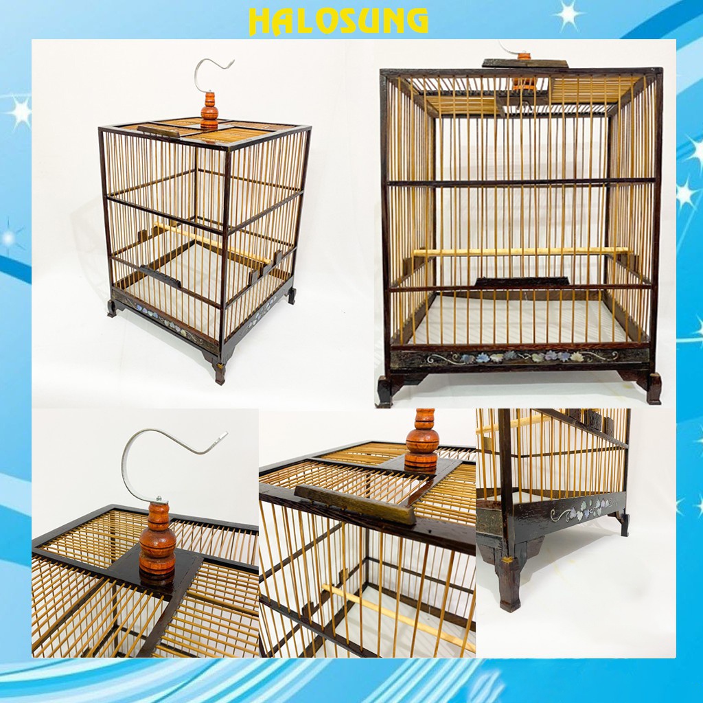 Lồng vuông chào mào khảm trai khung gỗ nan trúc chắc chắn có móc LC11