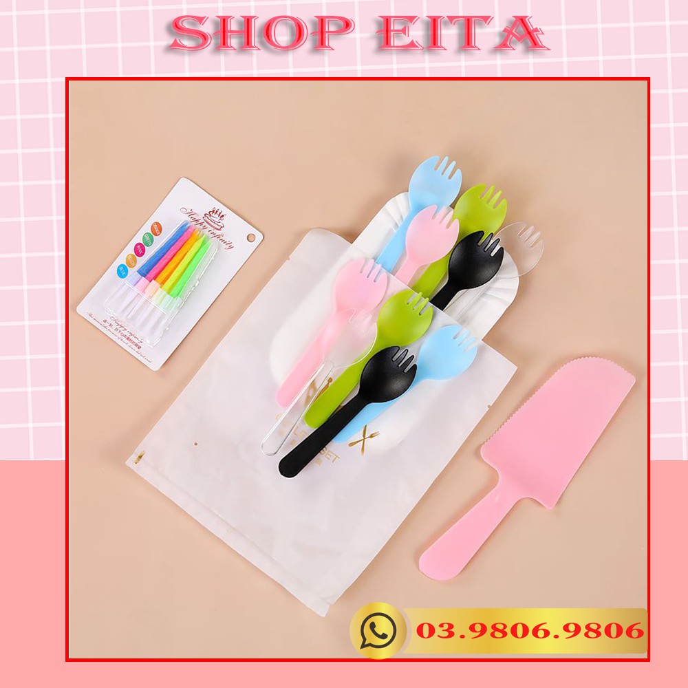 Combo 10 bộ :100 đĩa ăn bánh, 100 dĩa, 10 dao cắt bánh, 10 hộp nến sinh nhật (loại cao cấp)