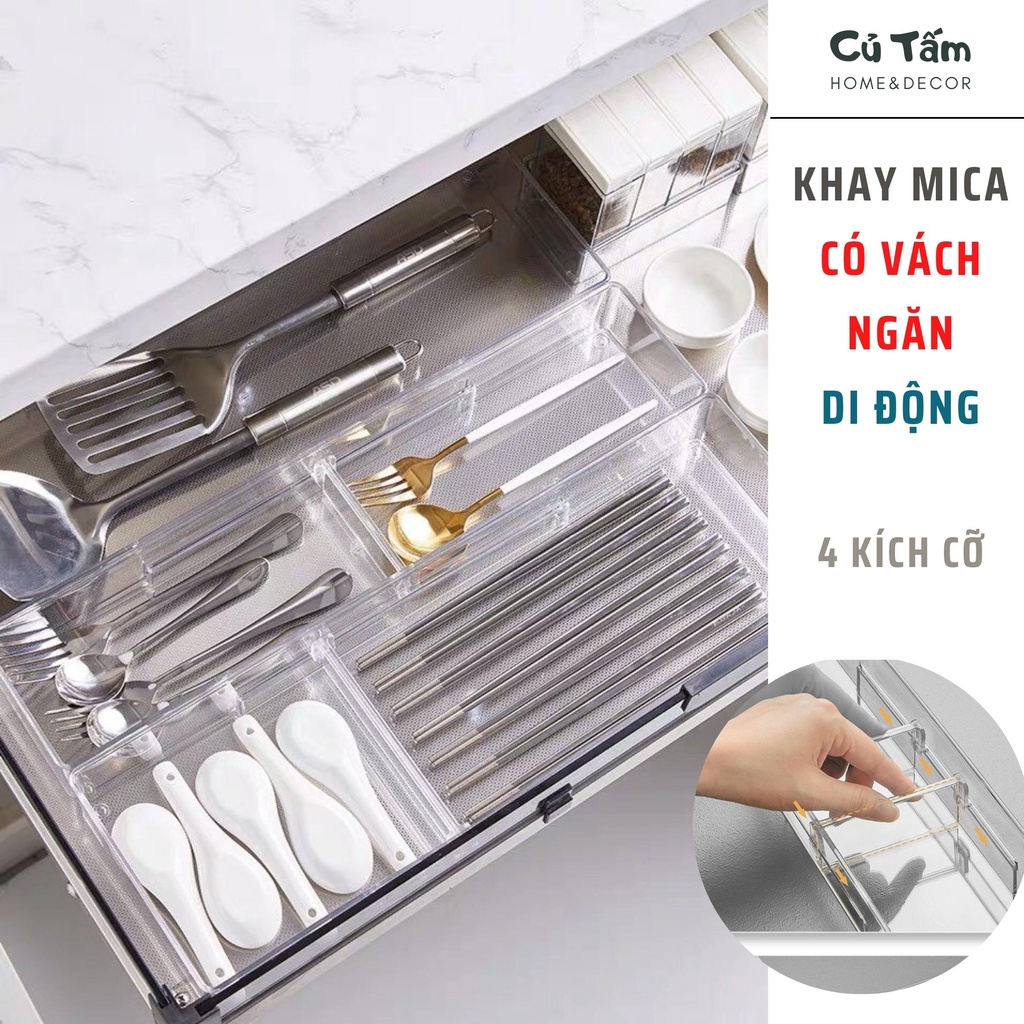Khay chia ngăn kéo có vách ngăn di động, khay mica thiết kế 2 vách ngăn - cutam.homedecor