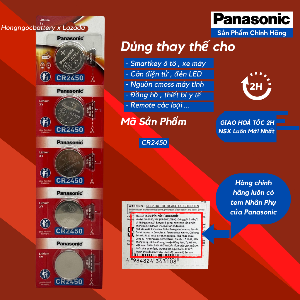 Pin CR2450 Lithium 3V Panasonic combo 5 Viên - Hàng Chính Hãng