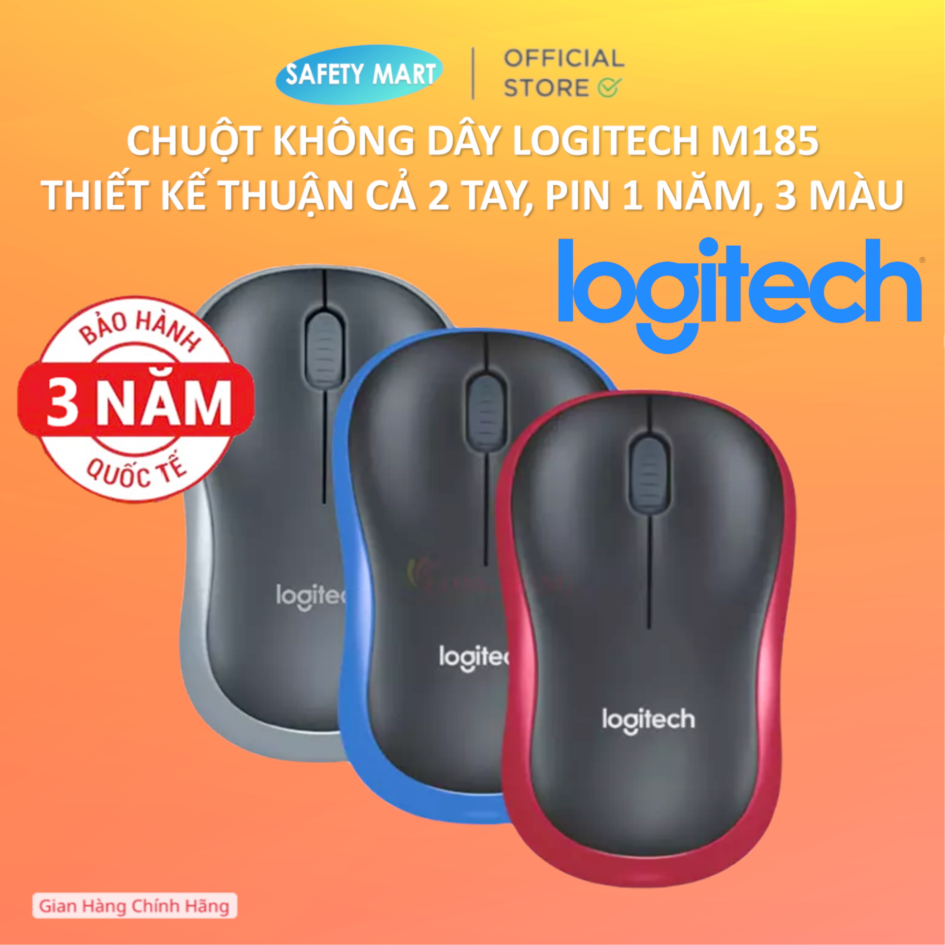 Chuột quang máy tính không dây logitech m185 đầu thu usb 2.4ghz, pin 1 năm, 1000 dpi, thiết kế thuận cả 2 tay - pin aa - bảo hành 36 tháng - hàng chính hãng safety mart
