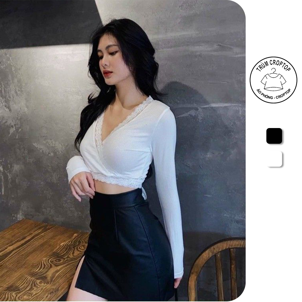 Áo croptop dài tay cổ tim phối ren Trùm Croptop dây ren buộc eo ôm body form dưới 55kg
