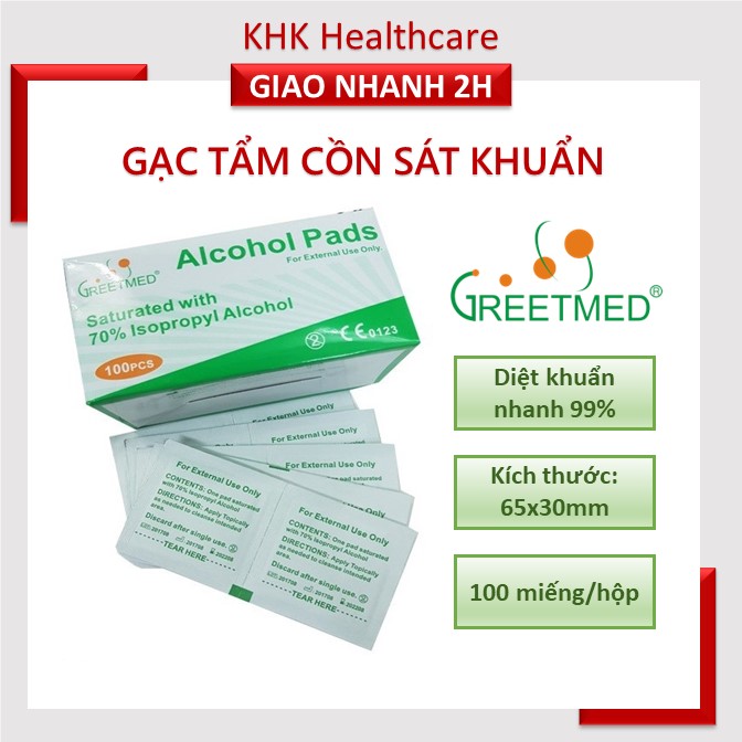 Hộp 100 miếng gạc tẩm cồn Greetmed vệ sinh sát khuẩn tay và dụng cụ