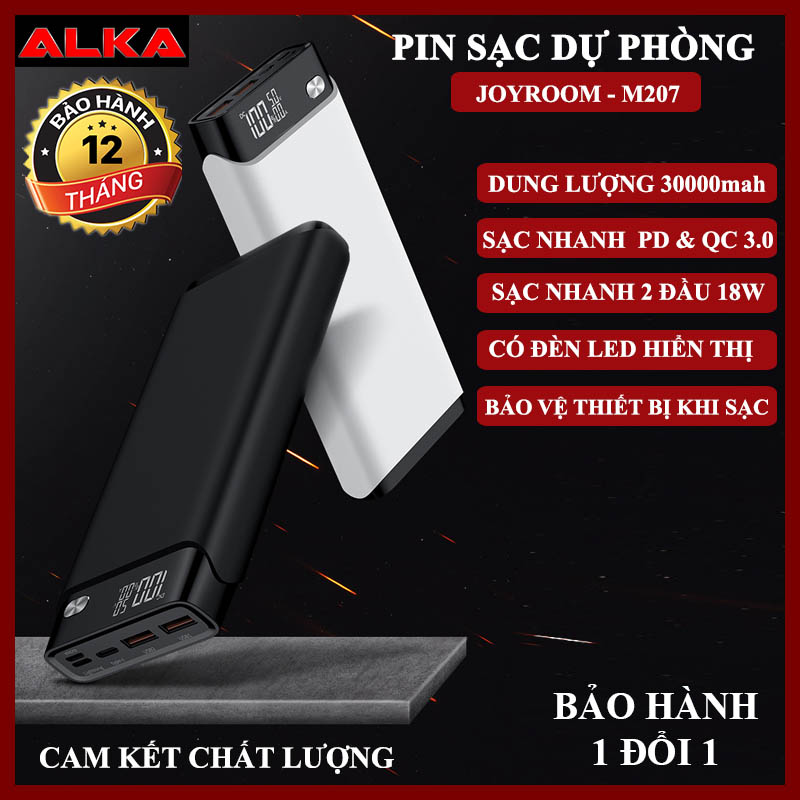 Pin sạc dự phòng hỗ trợ sạc nhanh có thể sạc cùng lúc 3 thiết bị có màn hình hiển thị dung lượng pin D-M207, sạc nhanh chuẩn PD & QC 3.0, dung lượng 30000mAh, hàng chính hãng Joyroom, bảo hành 12 tháng.