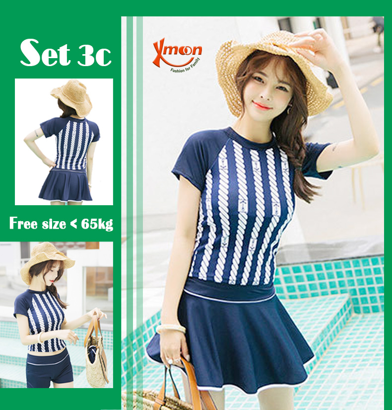 Đồ bơi nữ bộ bơi nữ set 3c áo cộc tay quần váy rời phối kẻ sọc thời trang Xmoon FRCT8829
