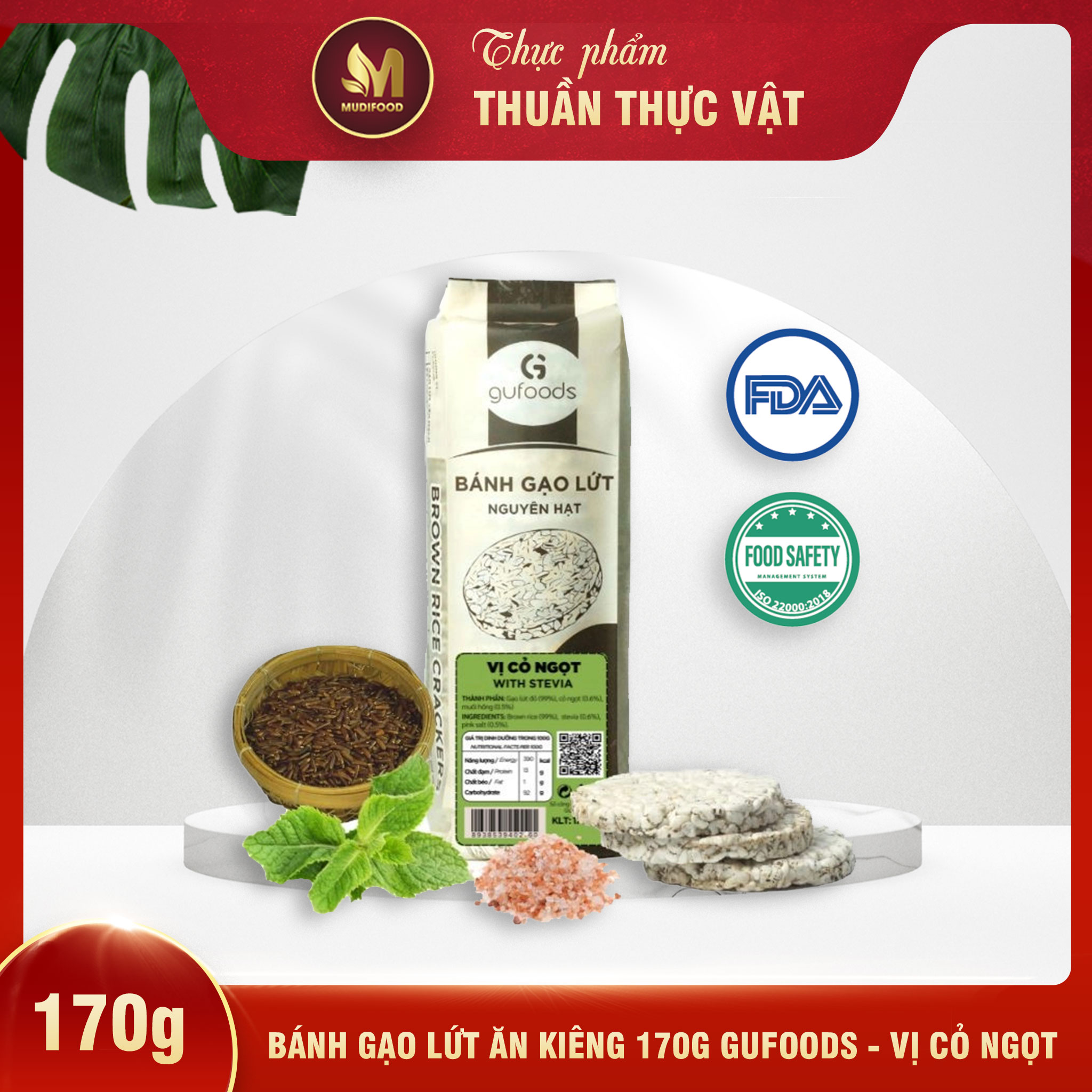 [Vị Cỏ Ngọt] - Bánh Gạo Lứt Ăn Kiêng GUfoods 170g  - Thực Phẩm Bổ Sung Dinh Dưỡng Cho Người Tiểu Đường, Người Ăn Chay, Ăn Kiêng, Giảm Cân, Tập Gym, Eat Clean, Hàm Lượng Chất Xơ Cao