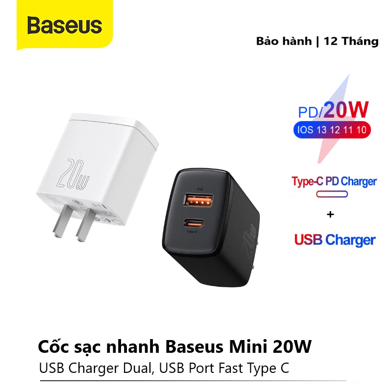 Củ sạc nhanh Baseus 2 cổng loại C/PD và USB 20W hỗ trợ sạc nhanh dùng cho iPhone x, xsmax, 11/12 Promax ,..
