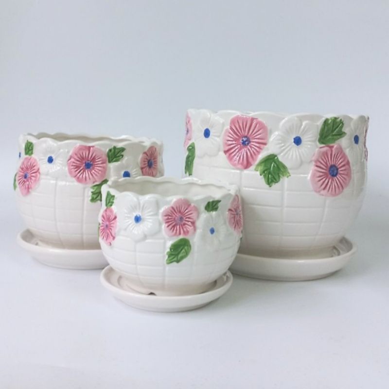 Chậu sứ trồng cây kèm đĩa hứng nước, chậu trồng cây đẹp phù hợp trồng cây để bàn, cây văn phòng, cây phong thủy.