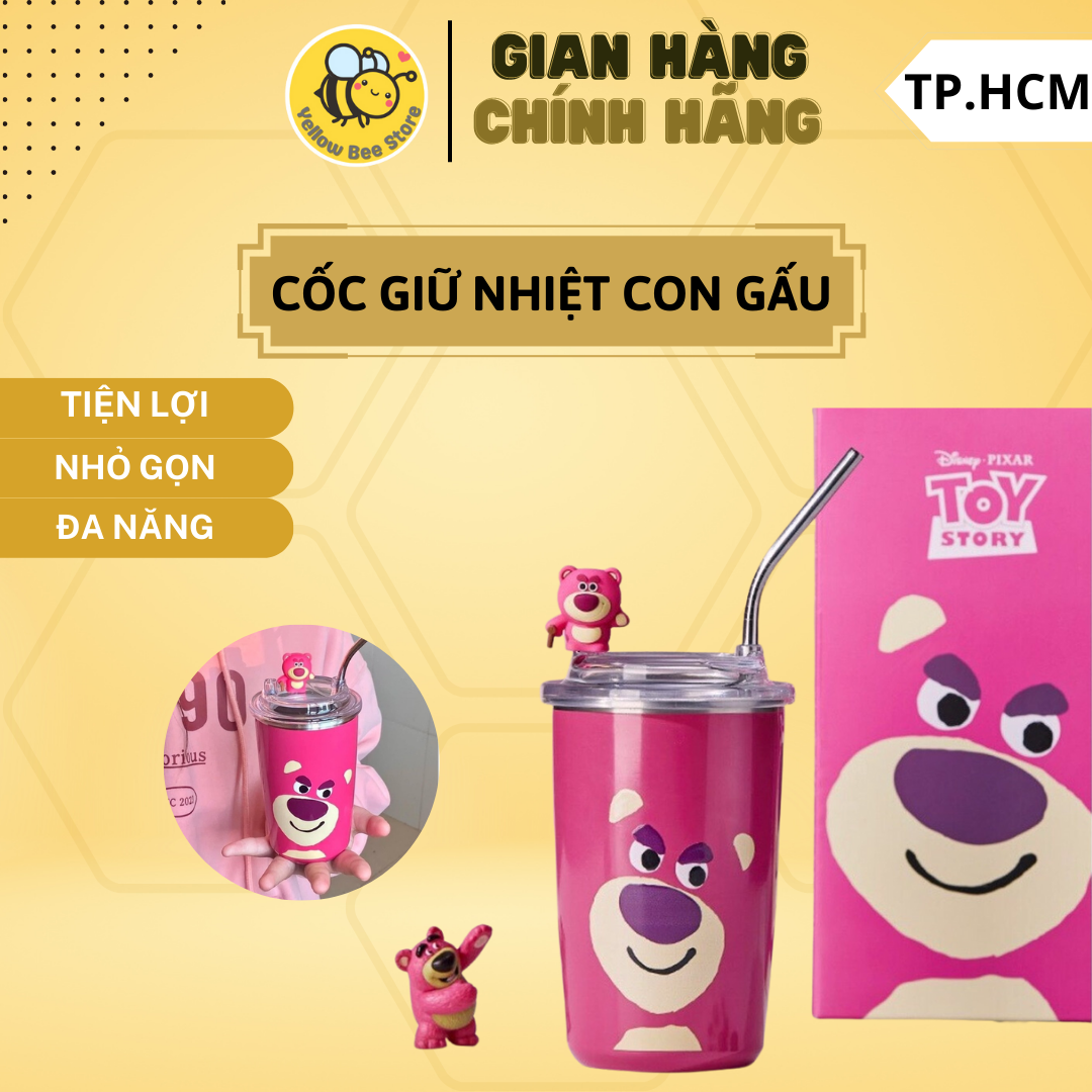 Cốc giữ nhiệt gấu dâu, bình giữ nhiệt, ly giữ nhiệt, cốc giữ nhiệt, ca giữ nhiệt inox, giữ nhiệt tốt, chống gỉ 450ml, kèm ống hút tiện lợi