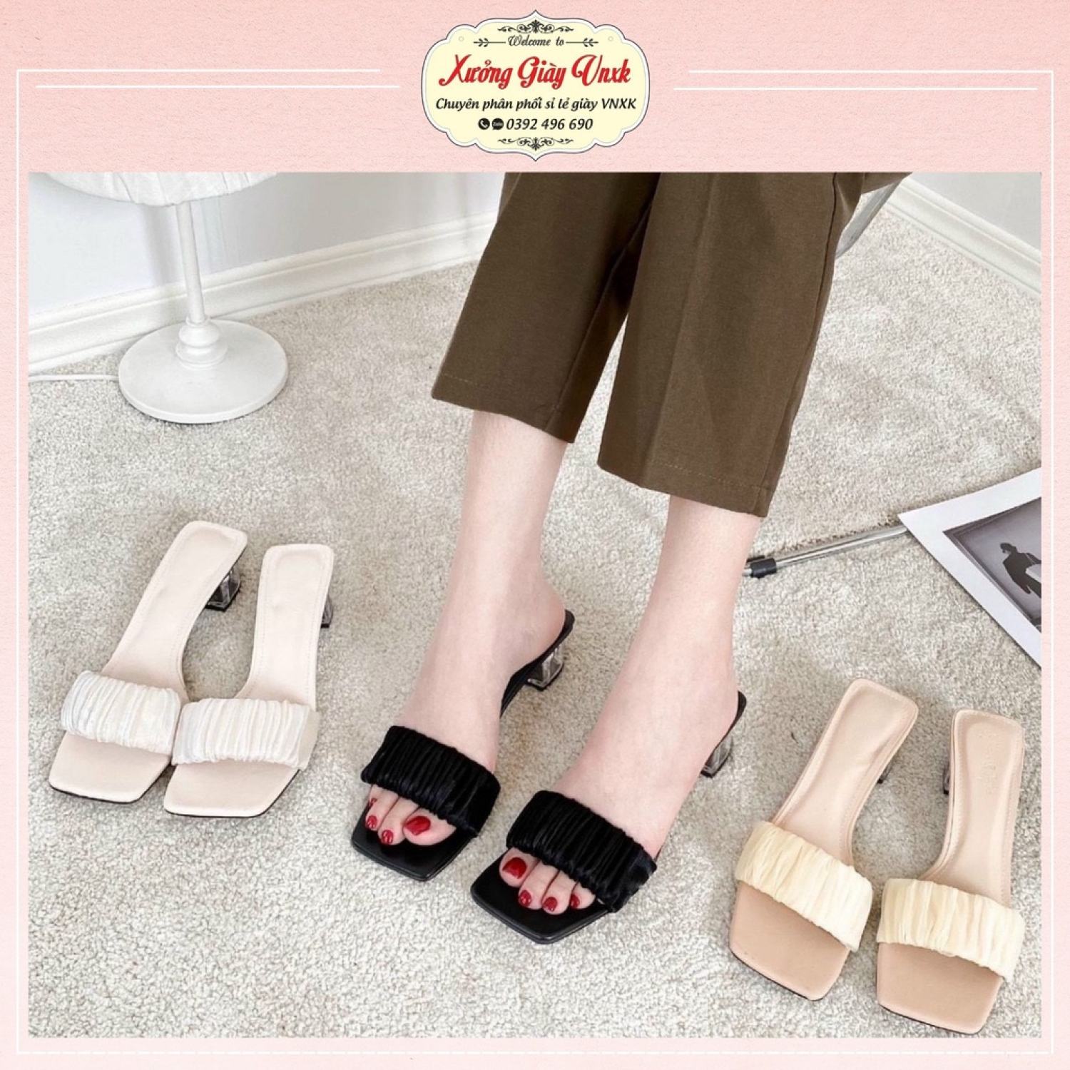 Guốc nữ 3 phân cao gót đế vuông quai lụa Thiên Hương VNXK BP39E57 dép cao gót xăng đan sandal 3p 5p 5 phân tiểu thư