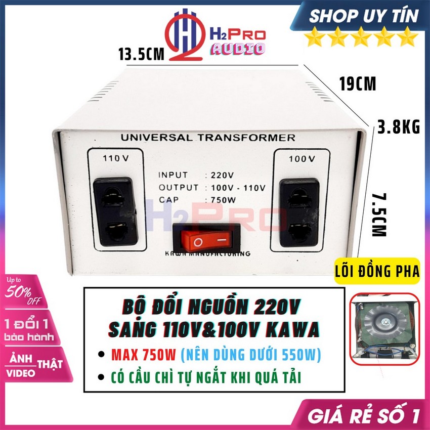 Đổi Nguồn 220V Sang 110V-100V 750W Kawa Hoặc Đổi Ngược Nguồn 110V Sang 220V Cao Cấp-Dùng Cho Máy Dưới 550W-H2Pro Audio