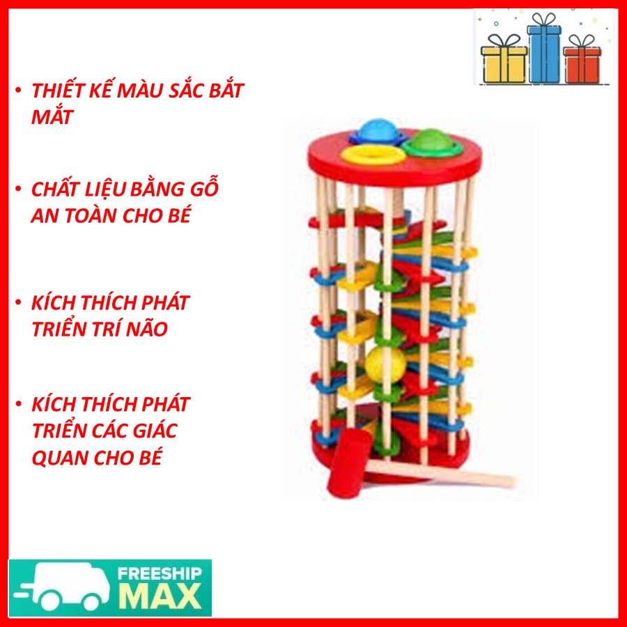 Đồ chơi gỗ Đập bóng lốc xoáy đa sắc màu, đập bóng gỗ, đồ chơi đập bóng, đập bóng thang cuốn