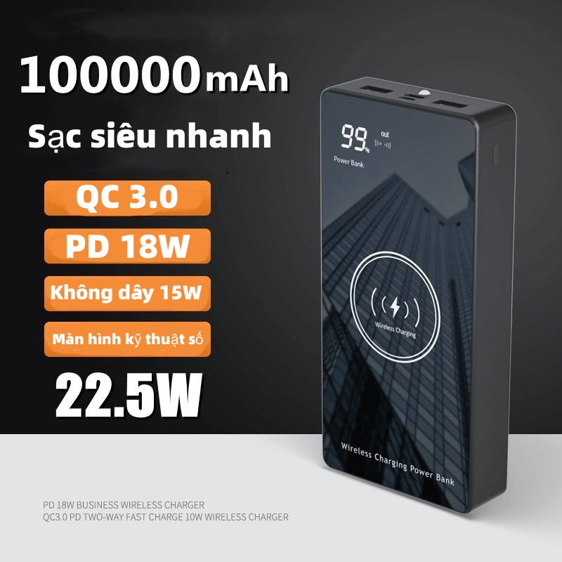 Sạc dự phòng 100000mah powerbank gương hiển thị kỹ thuật số 15w không dây 22.5w sạc siêu nhanh pd18w di động power bank chính hãng sạc dự phòng