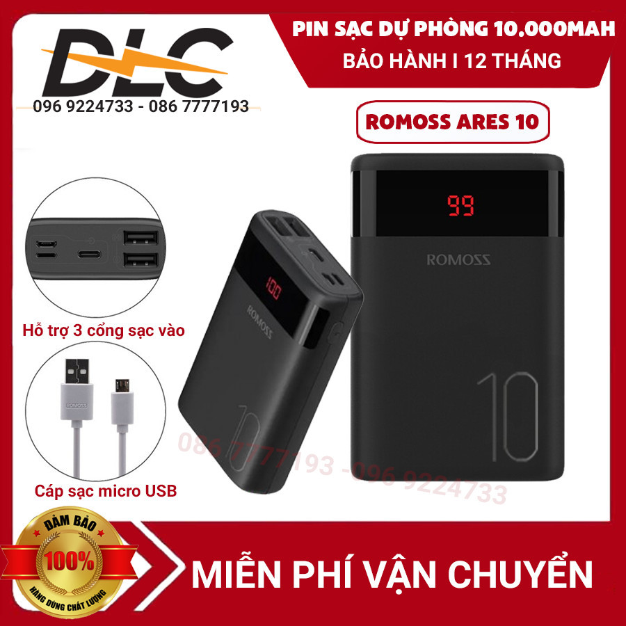 [HCM][HÀNG CHÍNH HÃNG] Pin Sạc Dự Phòng 10.000mAh Romoss Ares 10 LED 3 Cổng Input Micro - Lightning -Type C - Hiển Thị Màn Hình LED Với Lõi Pin LyPo Hỗ Trợ Sạc Nhanh 2.1A- Nhỏ Gọn Thân Thiện-Tương Thích Với Mọi Dòng Máy Bảo Hành 12 Tháng.