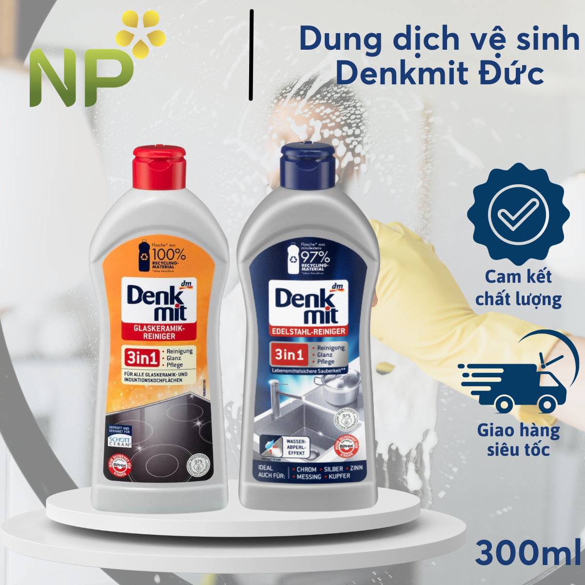 Dung dịch vệ sinh tẩy rửa inox bồn rửa chén bát tẩy dầu mỡ trên bếp DENKMIT 3 IN 1 Hàng Đức chai 300ml