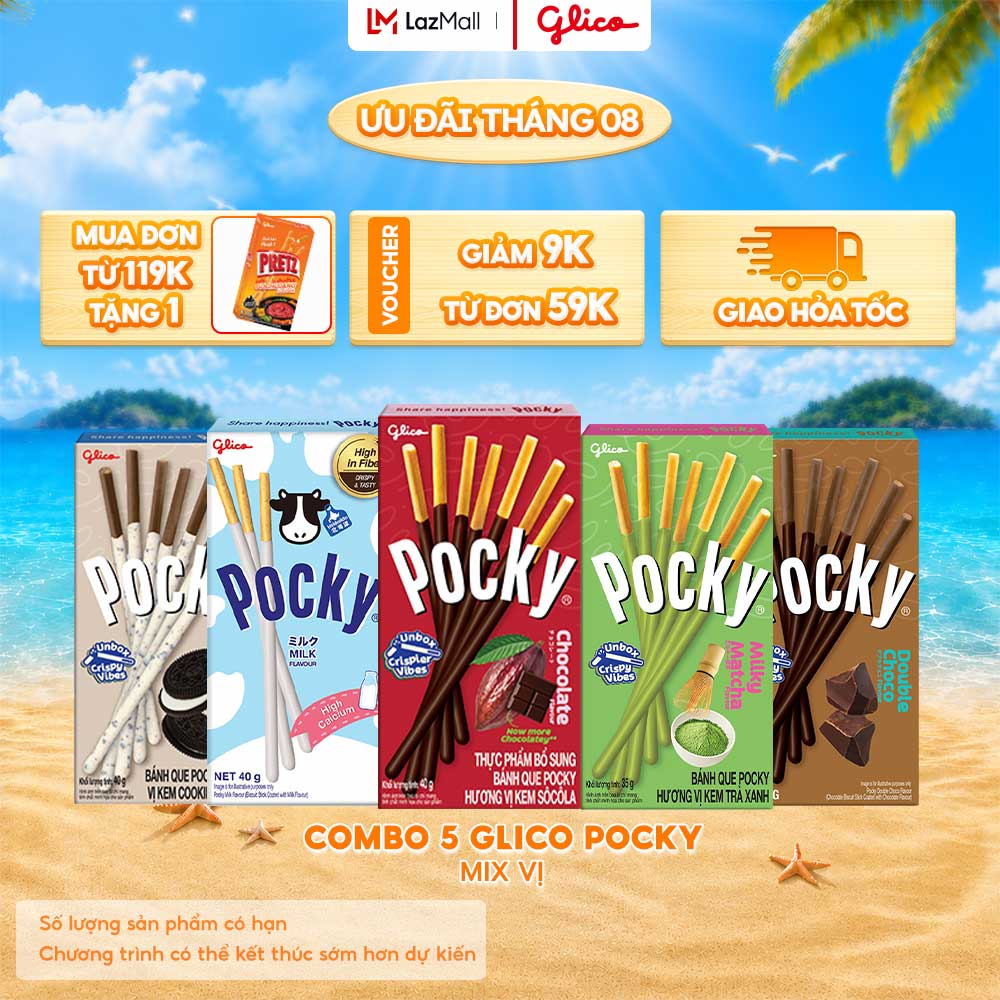 Combo 5 Hộp Mix Vị Bánh Que Phủ Kem Glico Pocky (00461) - 1 Socola _1 Sữa_1 Cookies  Cream_1 Trà Xanh_1 Double Choco)