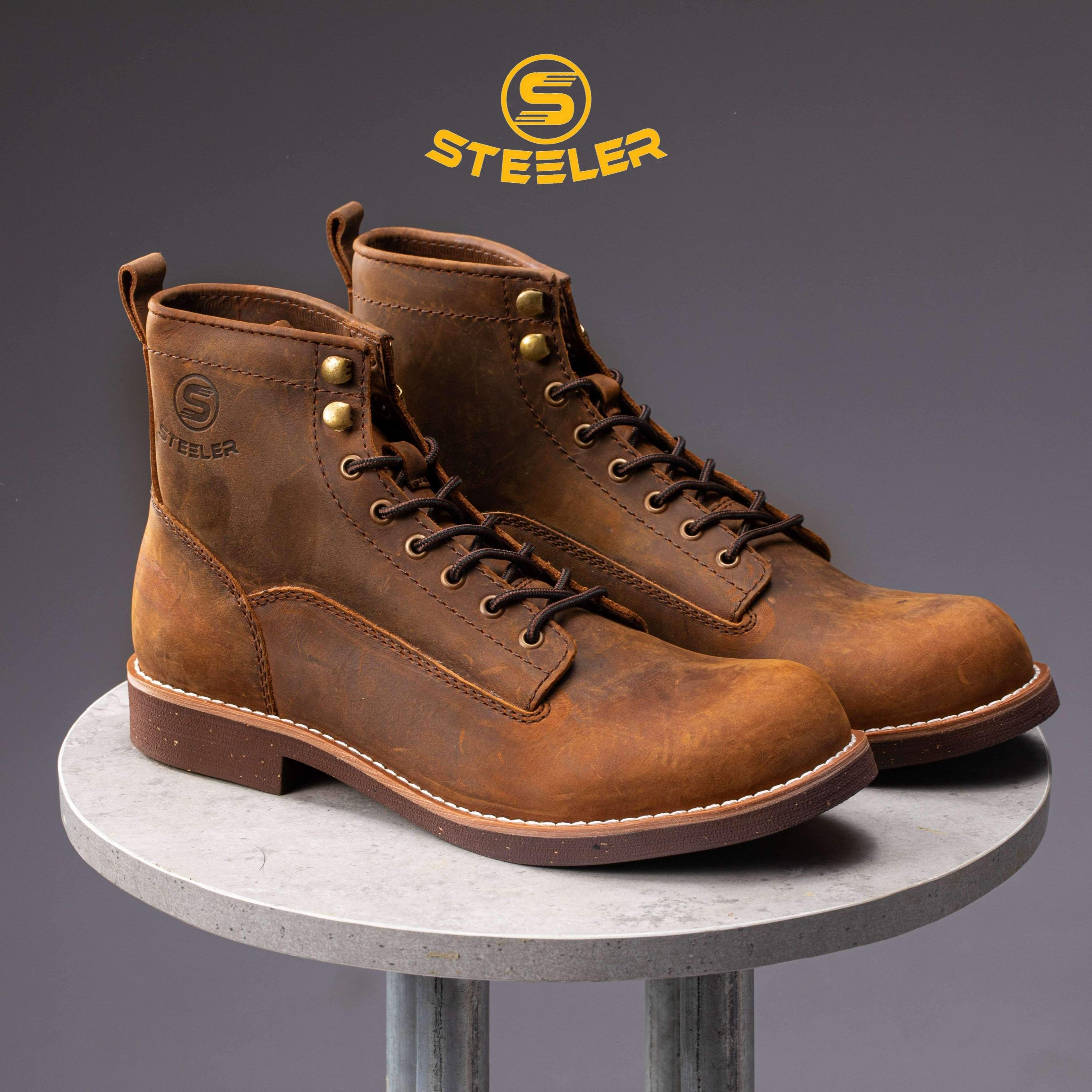 Giày boot nam da bò sáp cao cấp cổ cao. lineman nâu sáp- steeler, đế khâu, phong cách workwear