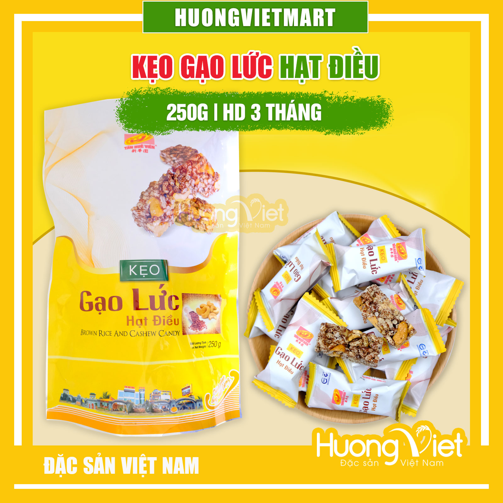 Kẹo gạo lức hạt điều Tân Huê Viên 250g kẹo gạo lứt sấy giòn xốp ít ngọt bao bì từng viên bánh kẹo tết đãi khách