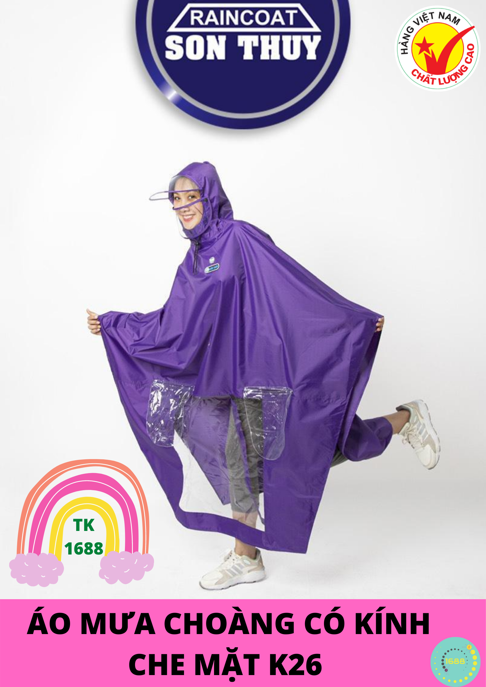 Áo mưa choàng có kính che mặt SƠN THỦY - K26 - Áo mưa cao cấp sản xuất bằng chất liệu Polyeste, tráng nhựa PVC chất lượng cao với độ dầy 0,18mm. Áo mưa đồng hành cùng bạn, bảo vệ bạn hoàn toàn từ đầu tới chân.