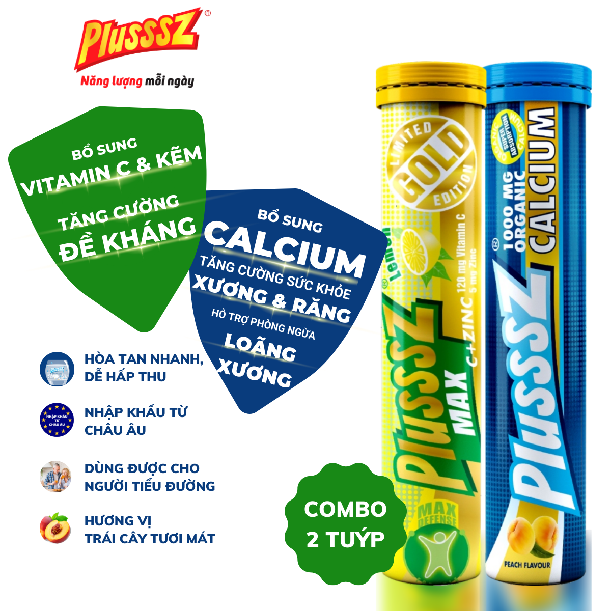 HÀ NỘI -{COMBO 2 TUÝP} Viên sủi Plusssz Max Vitamin C+ZinC vị Chanh tăng đề kháng + Plusssz Canxi vị Đào không đường hỗ trợ giảm nguy cơ loãng xương