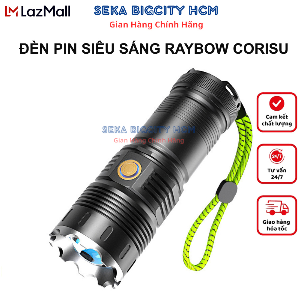 Đèn pin siêu sáng cầm tay RAYBOW CORISU chiếu xa 500m có zoom xa gần chống nước sạc ngược cho điện thoại Bảo hành 12 tháng