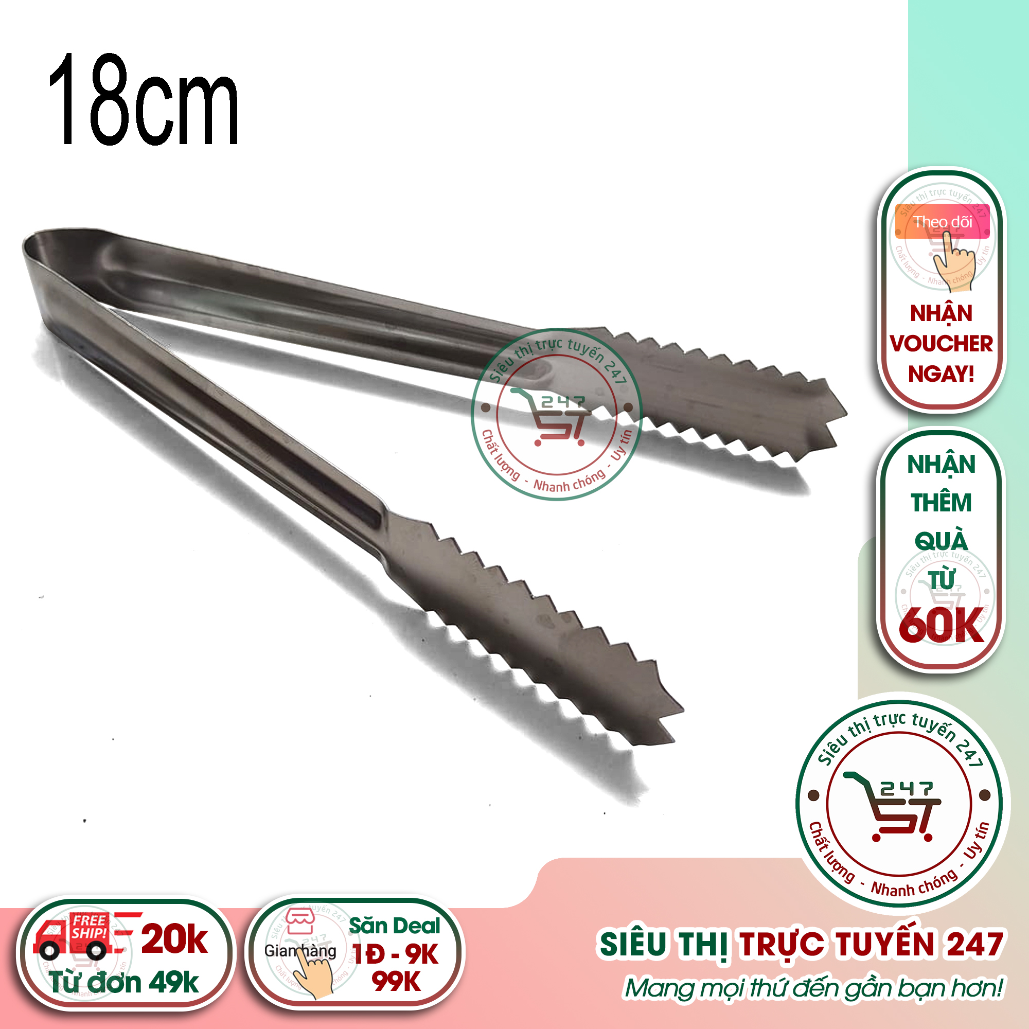 Kẹp gắp đá 18 cm bằng inox sáng bóng không gỉ ngoài ra kẹp còn dùng để gắp thức ăn thực phẩm dễ dàng tiện lợi