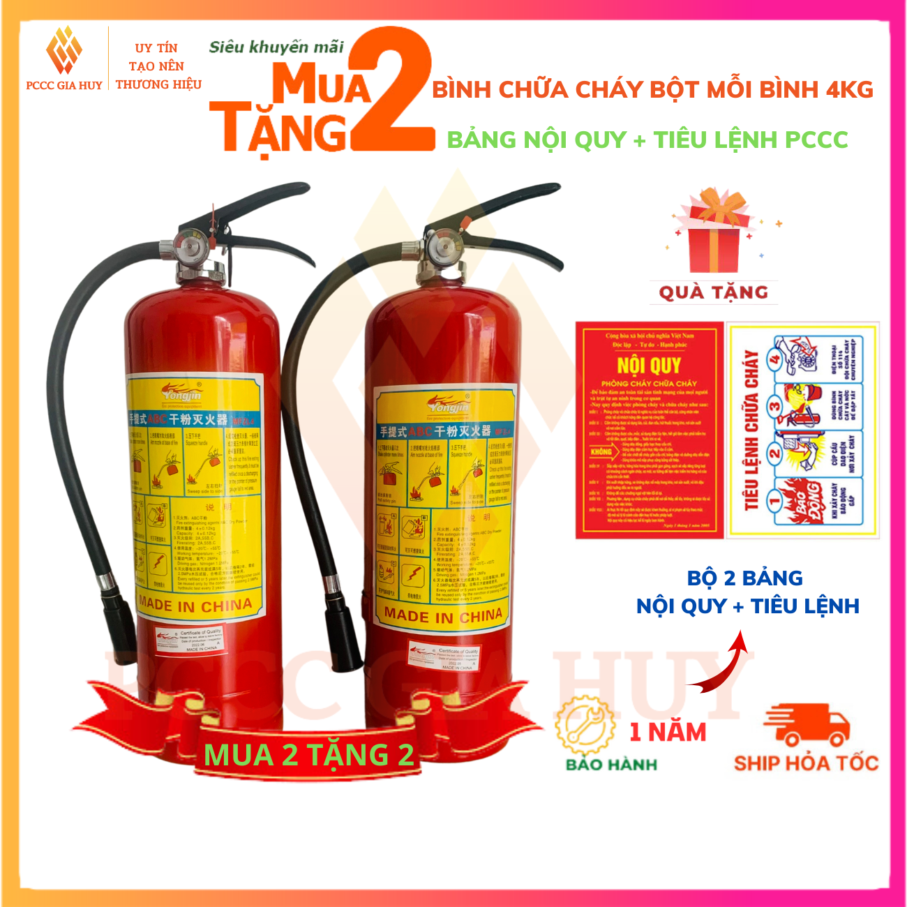 Bình chữa cháy , Combo 2 bình chữa cháy MFZL4 4Kg bột ABC, tặng bộ nội quy tiêu lệnh phòng cháy chữa cháy