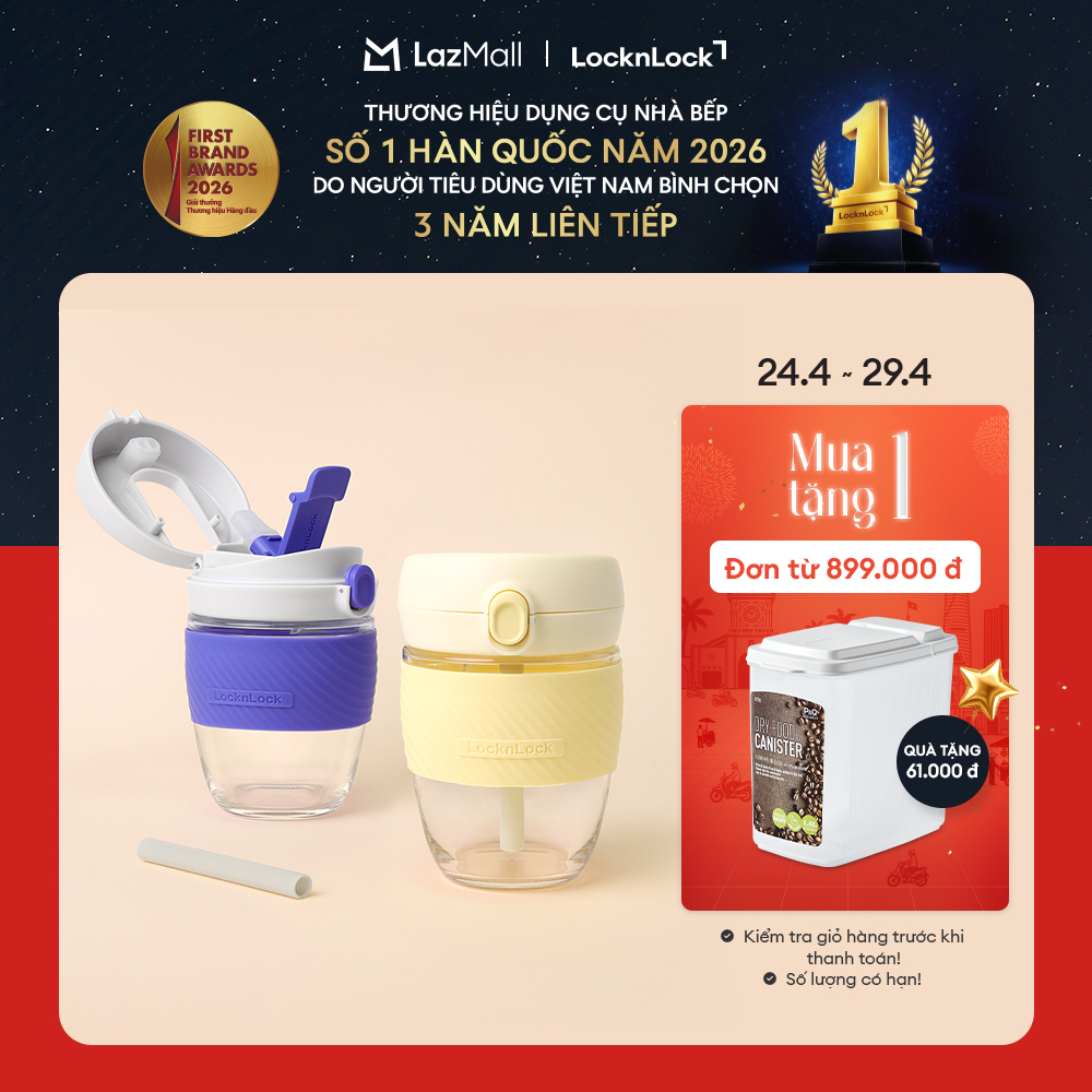 Cốc thủy tinh kèm ống hút LocknLock One Touch Dual Cup 400ml bằng thủy tinh chịu nhiệt LLG968