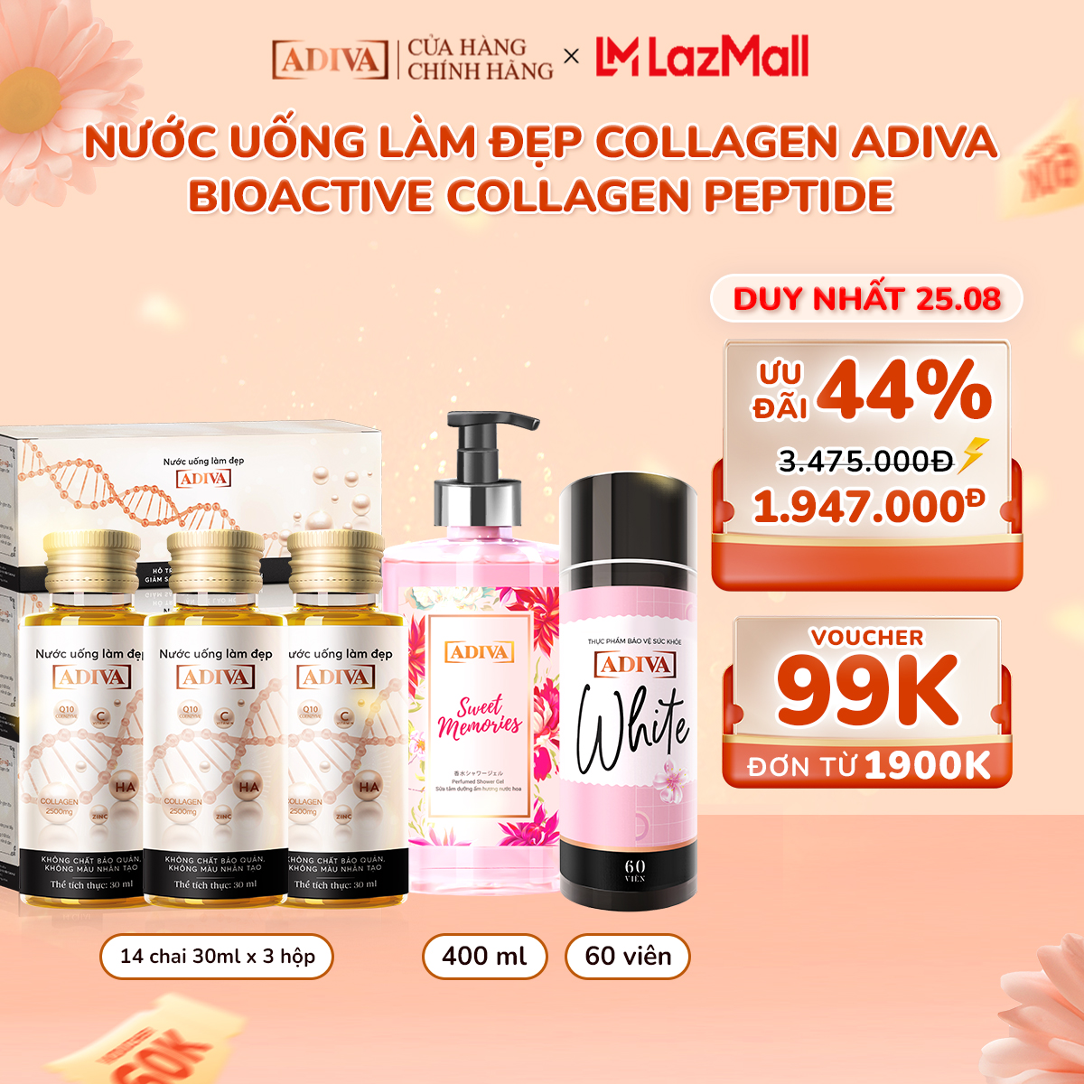 Combo 3 hộp collagen adiva tem trắng tặng combo viên uống trắng da white 60 viên + 1 sữa tắm sweet memories 400ml